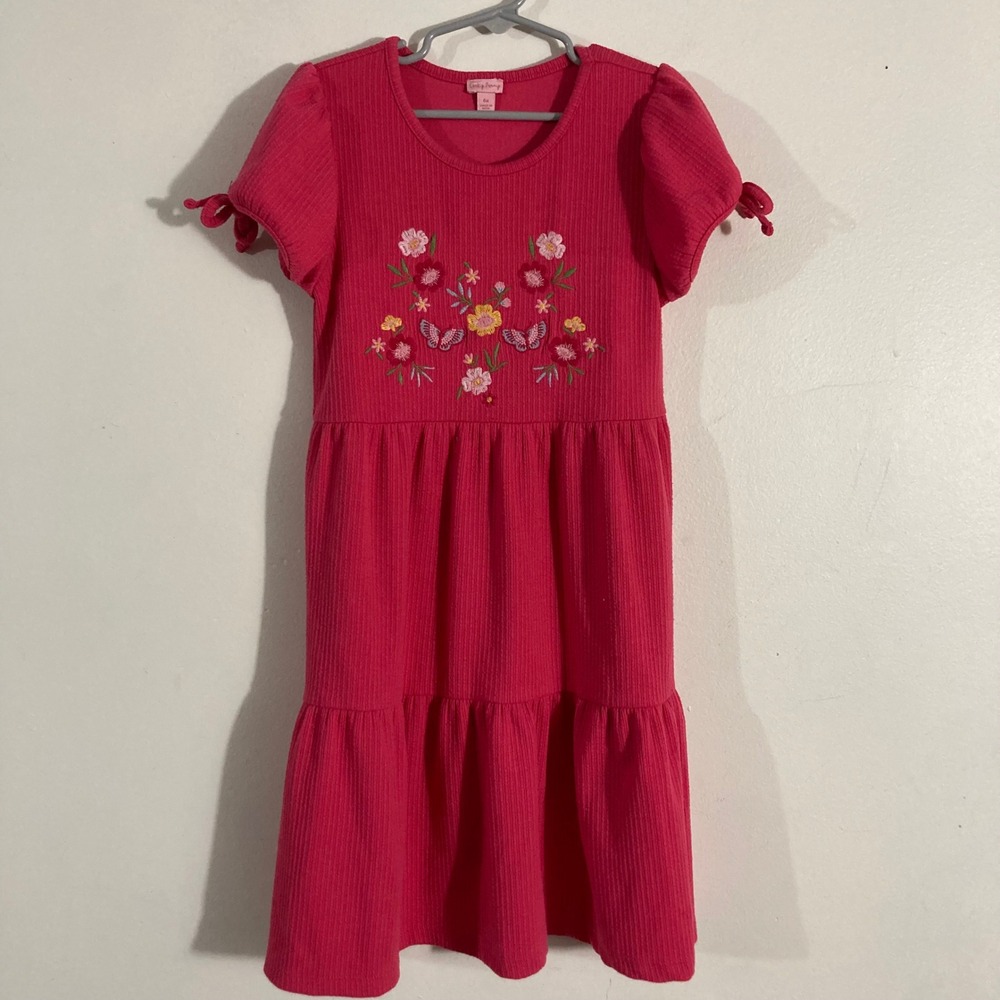 Lucky Penny Tiered Dress Girls 6x Hot Pink  Floral Embroidery COTTAGECORE